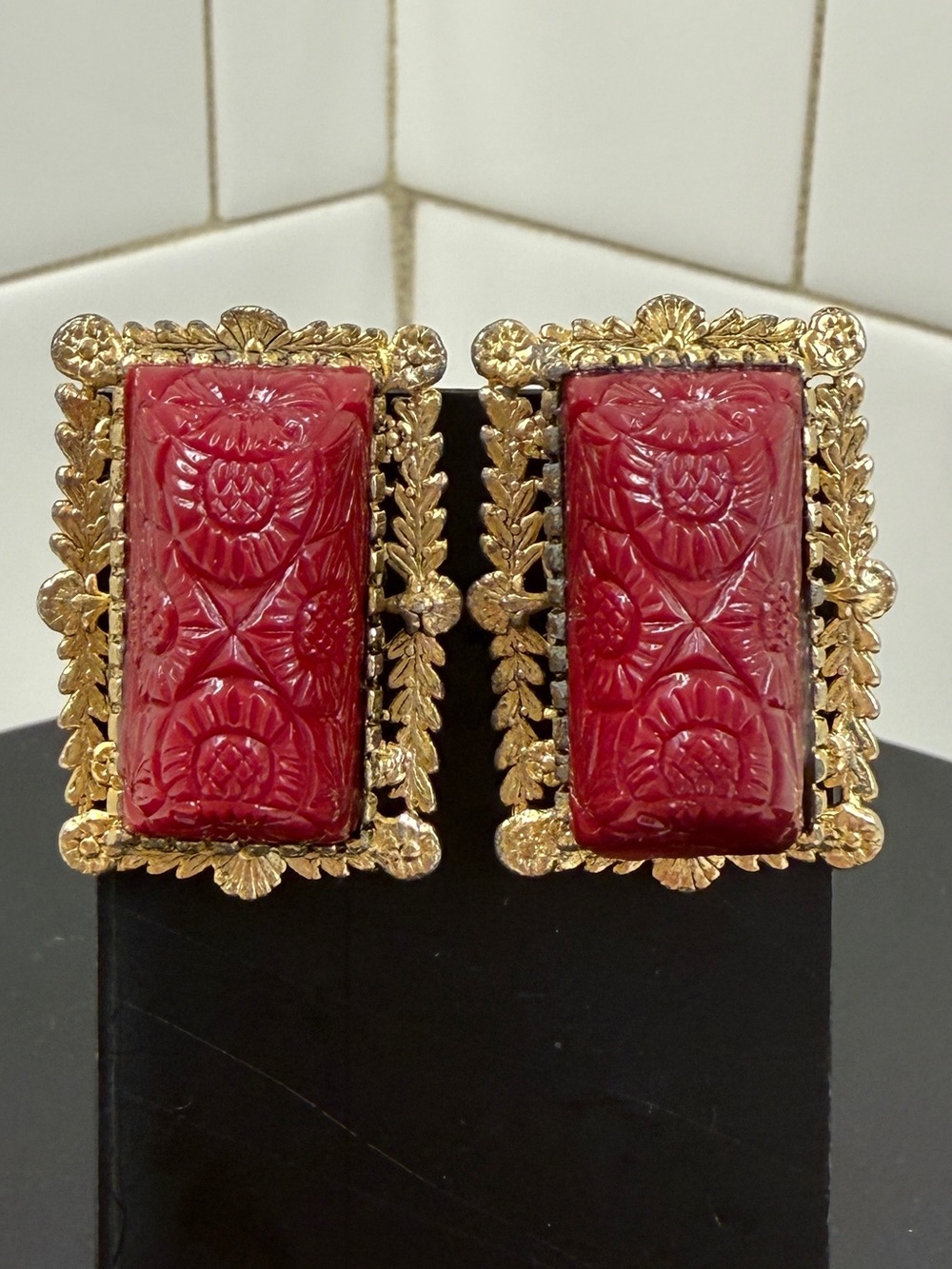 Gold-Tone Earrings with Carved Red Resin Panels